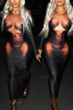 Black Fashion Sexy Print Basic O Neck Long Sleeve Dresses