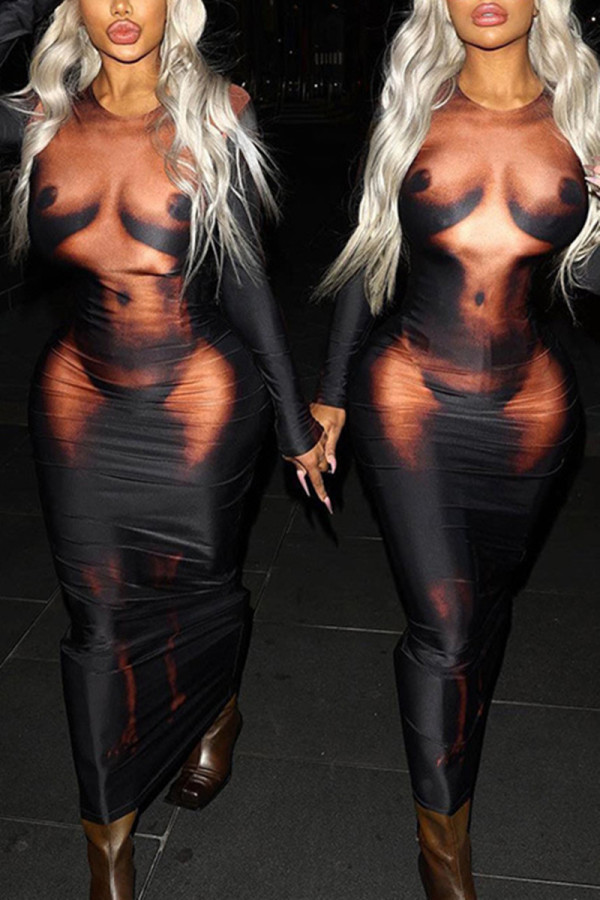 Black Fashion Sexy Print Basic O Neck Long Sleeve Dresses