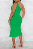 Green Fashion Sexy Solid Hollowed Out Backless Slit One Shoulder Evening Dress
