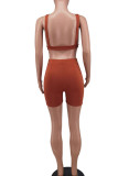 Rust Red Sexy Solid Patchwork V Neck Sleeveless Two Pieces