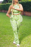 Green Sexy Print Patchwork V Neck Sleeveless Two Pieces