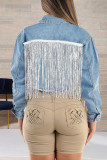 Light Blue Fashion Casual Solid Tassel Patchwork Turndown Collar Long Sleeve Regular Denim Jacket