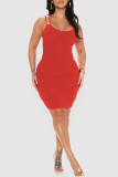 Rose Red Sexy Solid Patchwork Spaghetti Strap One Step Skirt Dresses