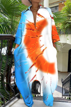 Blue Orange Fashion Street Print Patchwork Buckle Turndown Collar Loose Jumpsuits