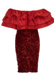 Red Elegant Solid Sequins Patchwork Flounce Off the Shoulder Evening Dress Dresses