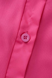 Rose Red Casual Solid Patchwork Buckle Fold Turndown Collar One Step Skirt Dresses