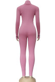 Pink Fashion Casual Adult Solid Letter O Neck Skinny Jumpsuits