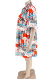 Red Casual Print Patchwork Buckle Turndown Collar A Line Plus Size Dresses