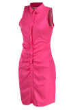 Rose Red Casual Solid Patchwork Buckle Fold Turndown Collar One Step Skirt Dresses