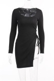 Light Blue Fashion Casual Solid Bandage Slit O Neck Long Sleeve Dresses