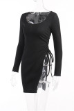Light Blue Fashion Casual Solid Bandage Slit O Neck Long Sleeve Dresses