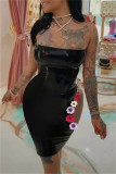 Black Fashion Sexy Patchwork Embroidery Hollowed Out Backless Strapless Sleeveless Dress Dresses