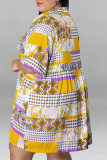Yellow Casual Print Patchwork Buckle Turndown Collar A Line Plus Size Dresses