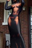 Black Fashion Sexy Print Basic O Neck Long Sleeve Dresses