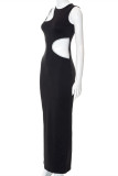 Black Fashion Sexy Patchwork Solid Hollowed Out O Neck Sleeveless Dress