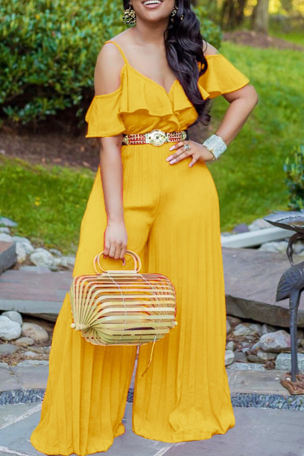 Yellow Sexy Casual Solid Patchwork Backless V Neck Regular Jumpsuits