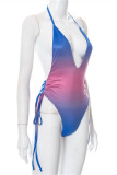 Blue Fashion Sexy Gradual Change Print Bandage Backless Swimwears (Without Paddings)