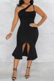 Green Fashion Sexy Solid Hollowed Out Backless Slit One Shoulder Evening Dress