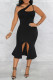 Black Fashion Sexy Solid Hollowed Out Backless Slit One Shoulder Evening Dress