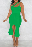 Green Fashion Sexy Solid Hollowed Out Backless Slit One Shoulder Evening Dress