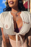 White Fashion Casual Print Tassel Bandage Patchwork T-Shirts