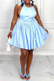 Light Blue Sexy Casual Solid Bandage Backless Halter Sleeveless Dress