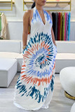 White Sexy Elegant Print Patchwork Backless Halter A Line Dresses