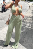 Yellow Sexy Casual Solid Bandage Hollowed Out O Neck Regular Jumpsuits