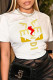 White Casual Cute Print Patchwork Letter O Neck T-Shirts