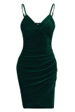 Ink Green Sexy Solid Patchwork Asymmetrical Spaghetti Strap Sling Dress Dresses