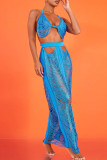 Blue Sexy Solid Hollowed Out Patchwork Halter Two Pieces