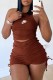 Dark Brown Fashion Casual Print Fold O Neck Sleeveless Two Pieces