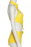 Yellow Sexy Solid Hollowed Out Patchwork Asymmetrical Zipper Collar Sleeveless Two Pieces