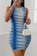 Blue Casual Print Patchwork O Neck Pencil Skirt Dresses