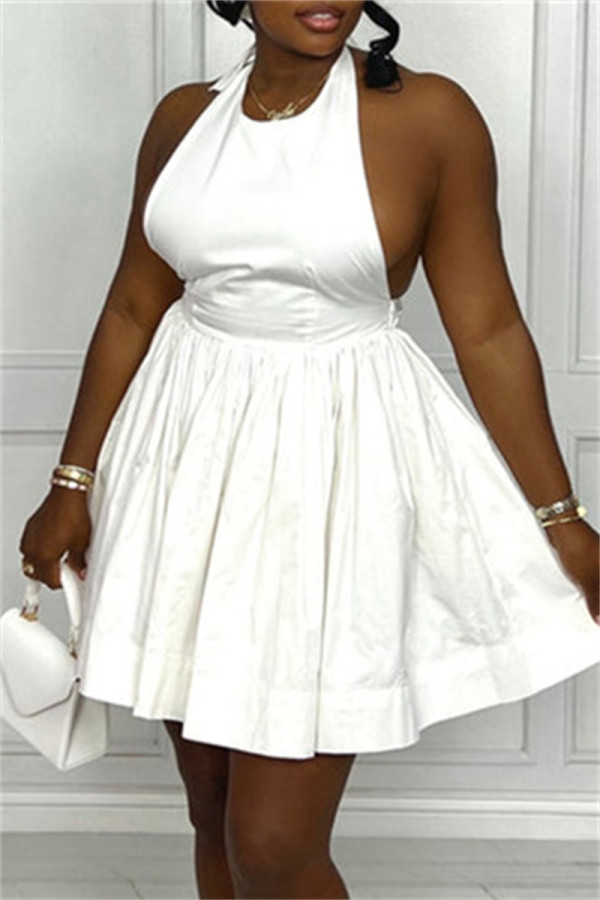 White Sexy Casual Solid Bandage Backless Halter Sleeveless Dress