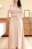 Apricot Casual Solid Sequins Patchwork V Neck Straight Dresses