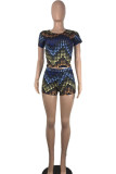 Colour Sexy Print Patchwork O Neck Short Sleeve Two Pieces