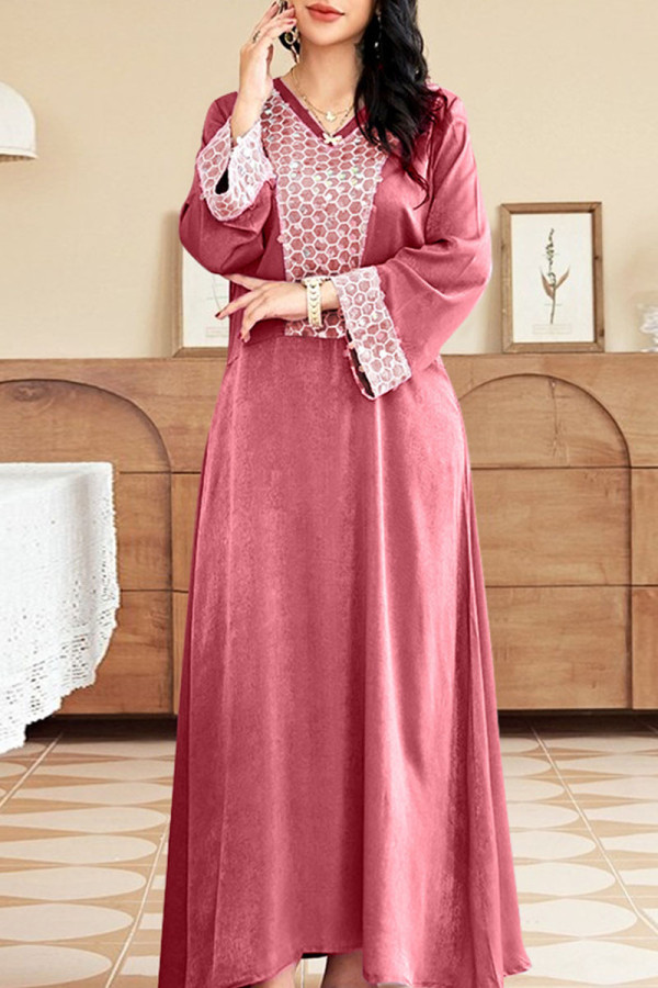 Pink Casual Solid Sequins Patchwork V Neck Straight Dresses
