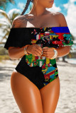 Black White Fashion Casual Print Patchwork Backless Swimwears (Without Paddings)