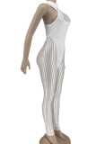 White Sexy Striped Patchwork See-through O Neck Skinny Jumpsuits