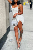 Gray White Sexy Casual Solid Backless Spaghetti Strap Sleeveless Dress