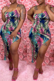 Multicolor Fashion Sexy Print Backless Asymmetrical Spaghetti Strap Sleeveless Dress
