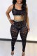 Black Fashion Sexy Patchwork See-through U Neck Sleeveless Two Pieces