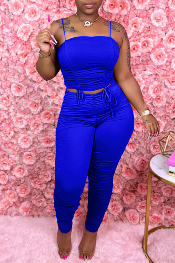 Blue Sexy Casual Solid Backless Fold Spaghetti Strap Sleeveless Two Pieces
