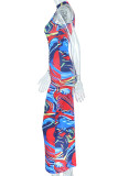 Red Blue Sexy Print Patchwork O Neck One Step Skirt Dresses