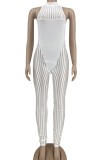 White Sexy Striped Patchwork See-through O Neck Skinny Jumpsuits