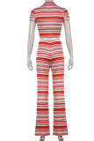 Red Casual Striped Print Patchwork Turndown Collar Short Sleeve Two Pieces
