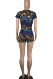 Colour Sexy Print Patchwork O Neck Short Sleeve Two Pieces