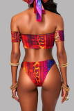 Red Blue Fashion Sexy Print Patchwork Backless Swimwears (With Paddings)