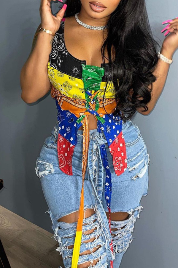 Black Sexy Casual Print Patchwork Asymmetrical U Neck Tops
